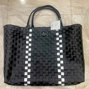 kate spade Bags Kate Spade Beach Basketweave Tote Bag Black With White Stripes Nwt Poshmark